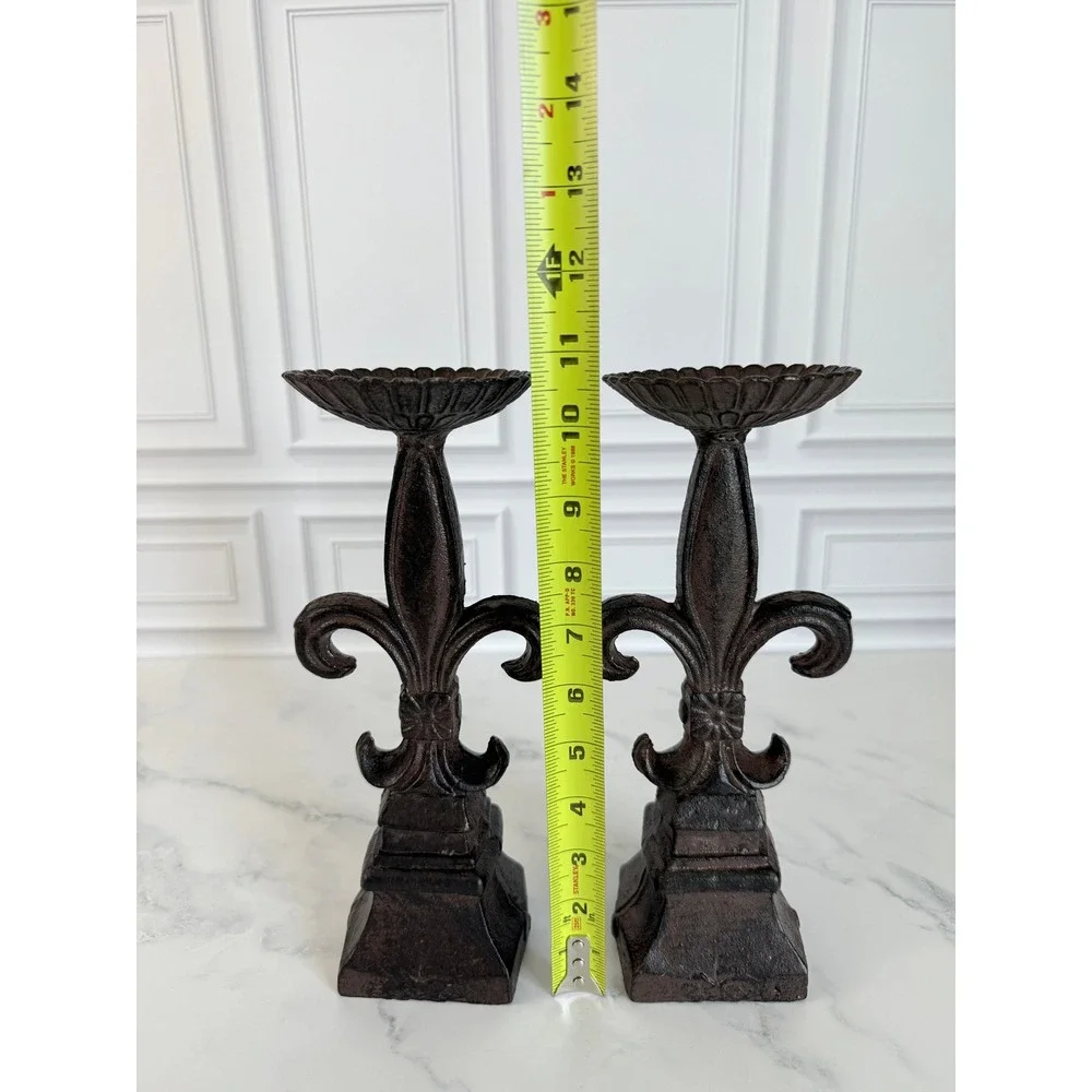 VTG Pair (2) Cast Iron Fleur de Lis Pillar Candlesticks 10 5/8